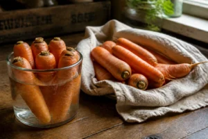 Carottes fraîches conservées dans un linge humide sur un plan de travail en bois rustique