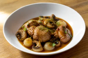 Assiette de ris de veau à la grand-mère avec sauce fond de veau, champignons et oignons grelots