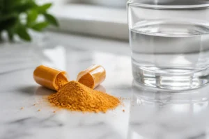 Capsule de complément alimentaire antioxydant ouverte sur marbre blanc, lumière naturelle douce