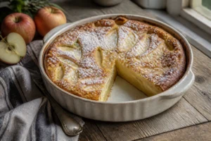 Clafoutis aux pommes maison dans un plat en céramique crème, saupoudré de sucre glace, tranché pour révéler sa texture fondante et ses pommes fondues