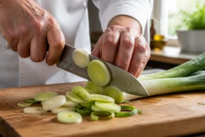 Coupe de poireaux frais en rondelles sur une planche en bois avec un couteau de chef