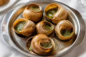 Escargots surgelés cuits au four avec beurre persillé dorés dans un plat traditionnel en céramique