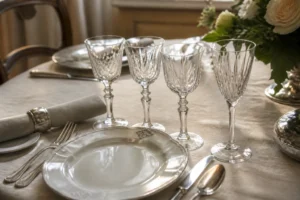 Table dressée à la française avec quatre verres en cristal alignés en diagonale au-dessus d'une assiette