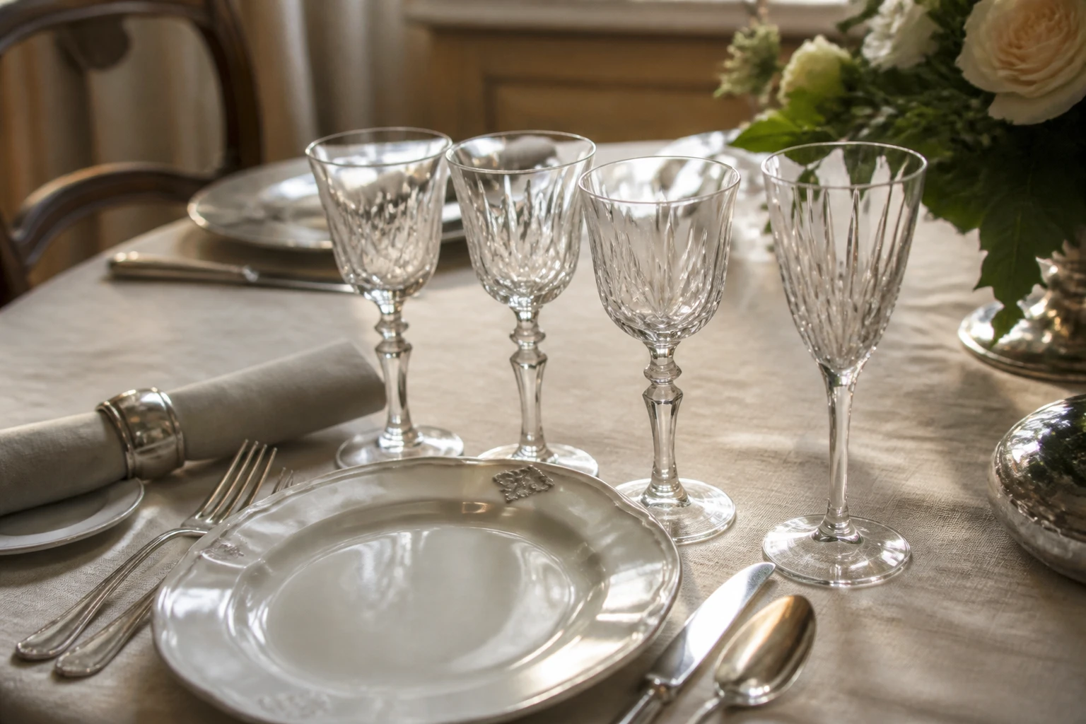 Table dressée à la française avec quatre verres en cristal alignés en diagonale au-dessus d'une assiette