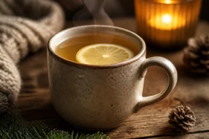 Tasse de grog chaud maison avec citron et miel sur table en bois rustique, ambiance hivernale