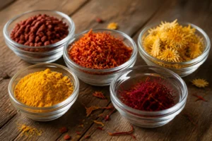 Bols de substituts au safran sur une table en bois : curcuma, carthame, annatto, fleurs de souci et filaments de safran
