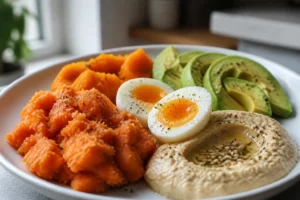 Assiette de repas doux adaptés à une parodontite : purée, avocat, œuf, houmous sur fond de cuisine lumineuse