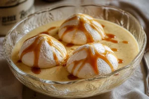 Œufs à la neige dans une coupe en verre avec crème anglaise vanillée et caramel ambré