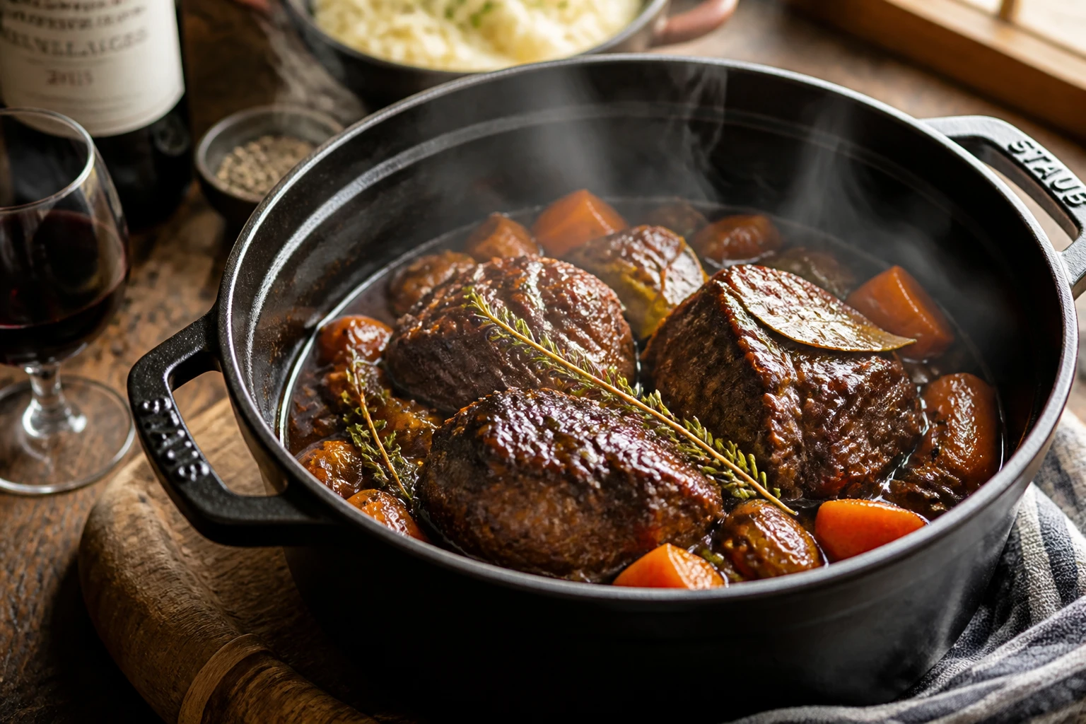Joue de bœuf mijotée sans vin dans une cocotte en fonte, sauce brune et légumes fondants