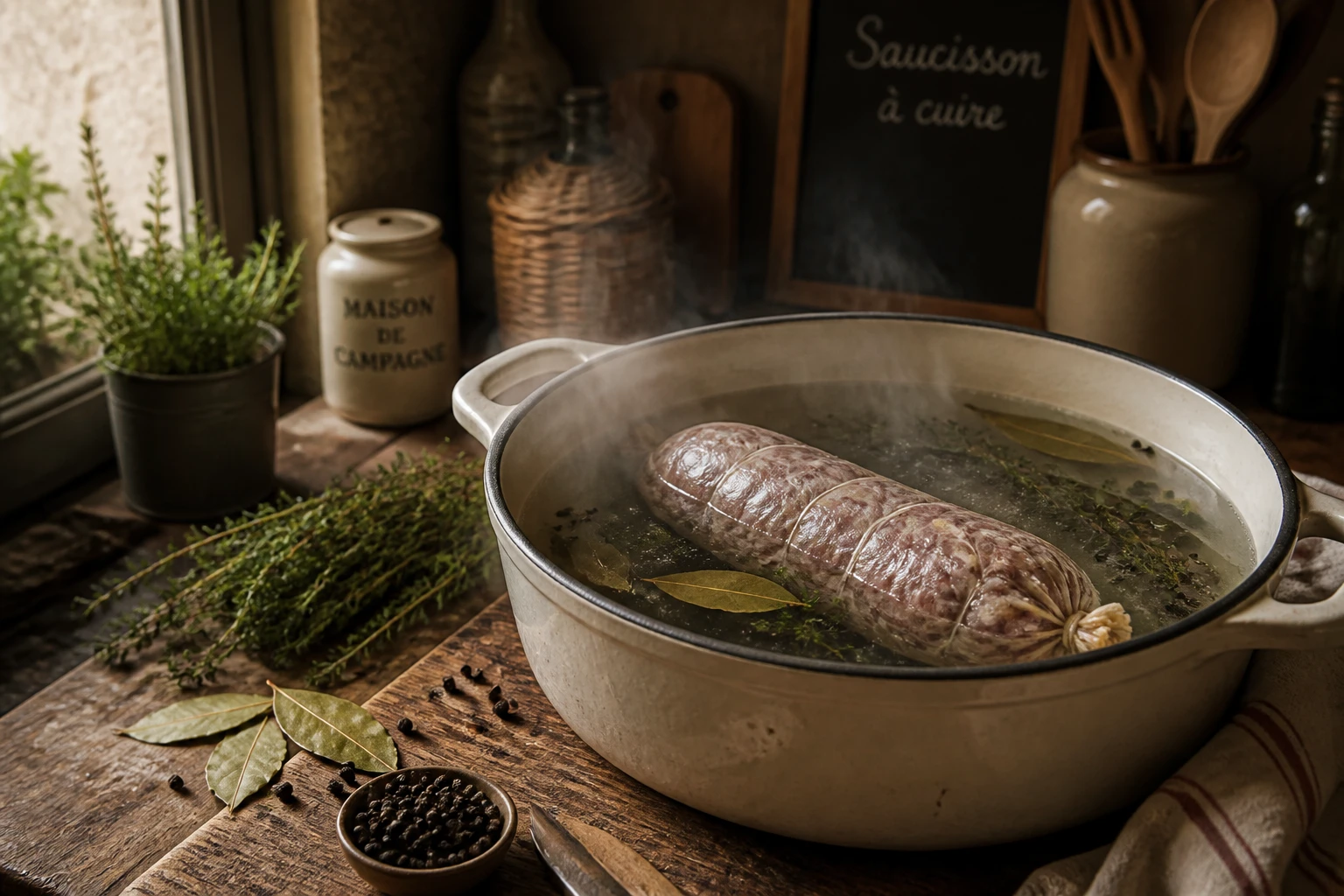 Saucisson à cuire entier poché dans une casserole en fonte émaillée avec laurier et thym