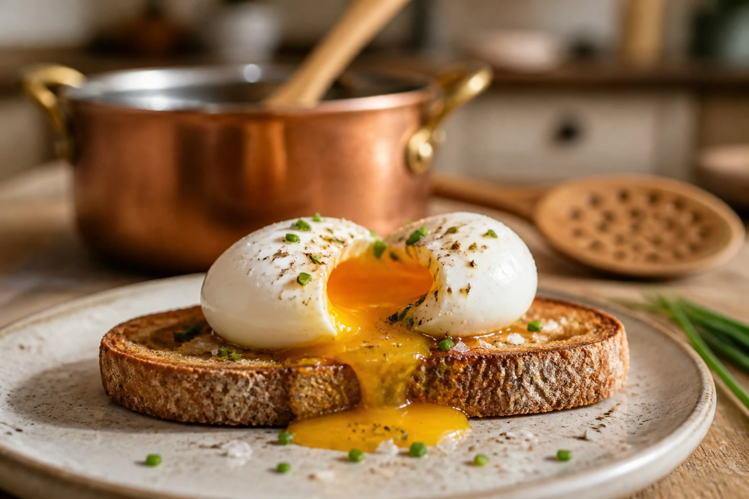 Œuf mollet coupé en deux sur une tartine, jaune coulant, avec écumoire et casserole en arrière-plan