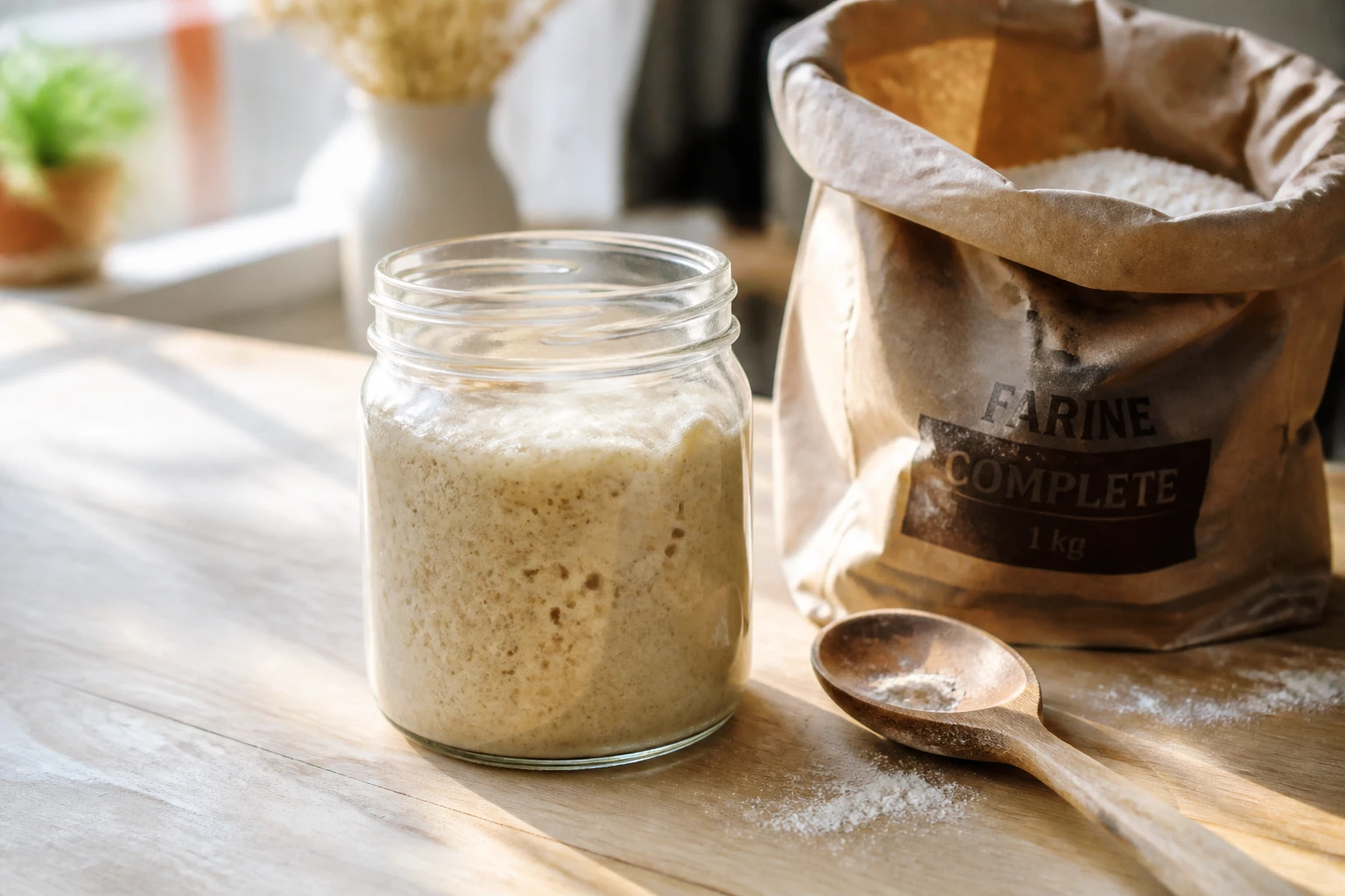 Bocal en verre avec levain naturel bulleux sur plan de travail en bois avec farine complète