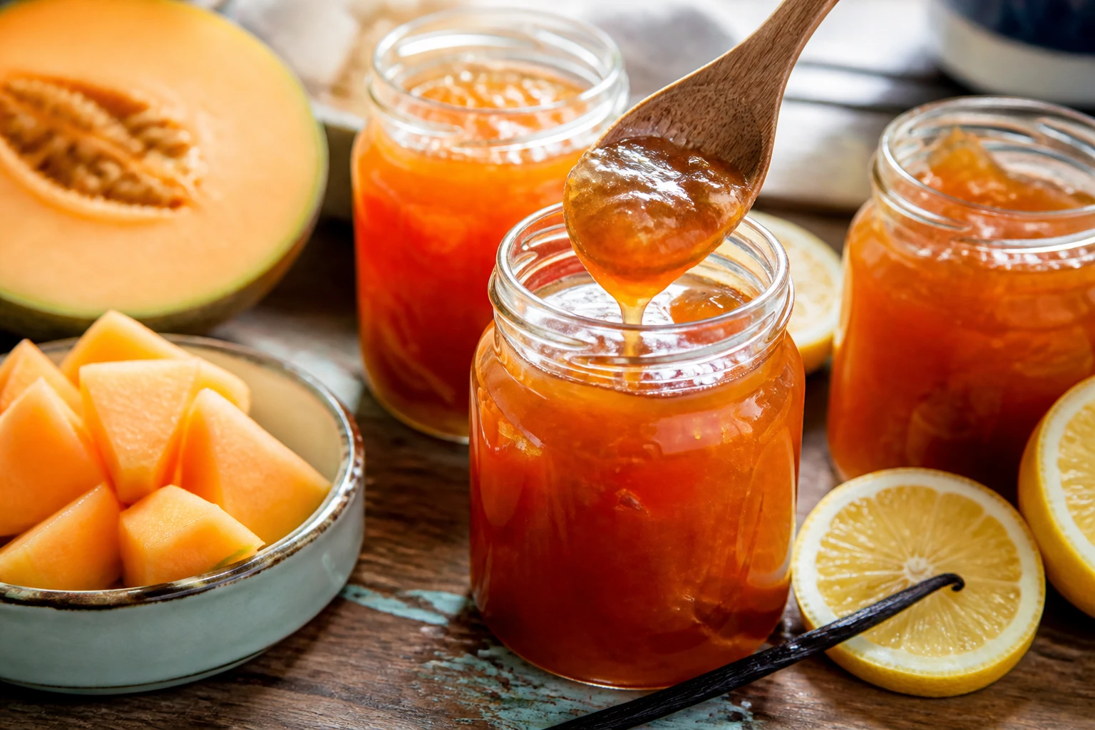 Pots de confiture de melon ambrée maison entourés de melon frais coupé et de citrons sur une table en bois