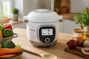 Multicuiseur Cookeo posé sur un plan de travail en bois dans une cuisine lumineuse