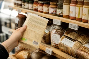 Main tenant un emballage alimentaire et lisant l'étiquette des ingrédients en rayon