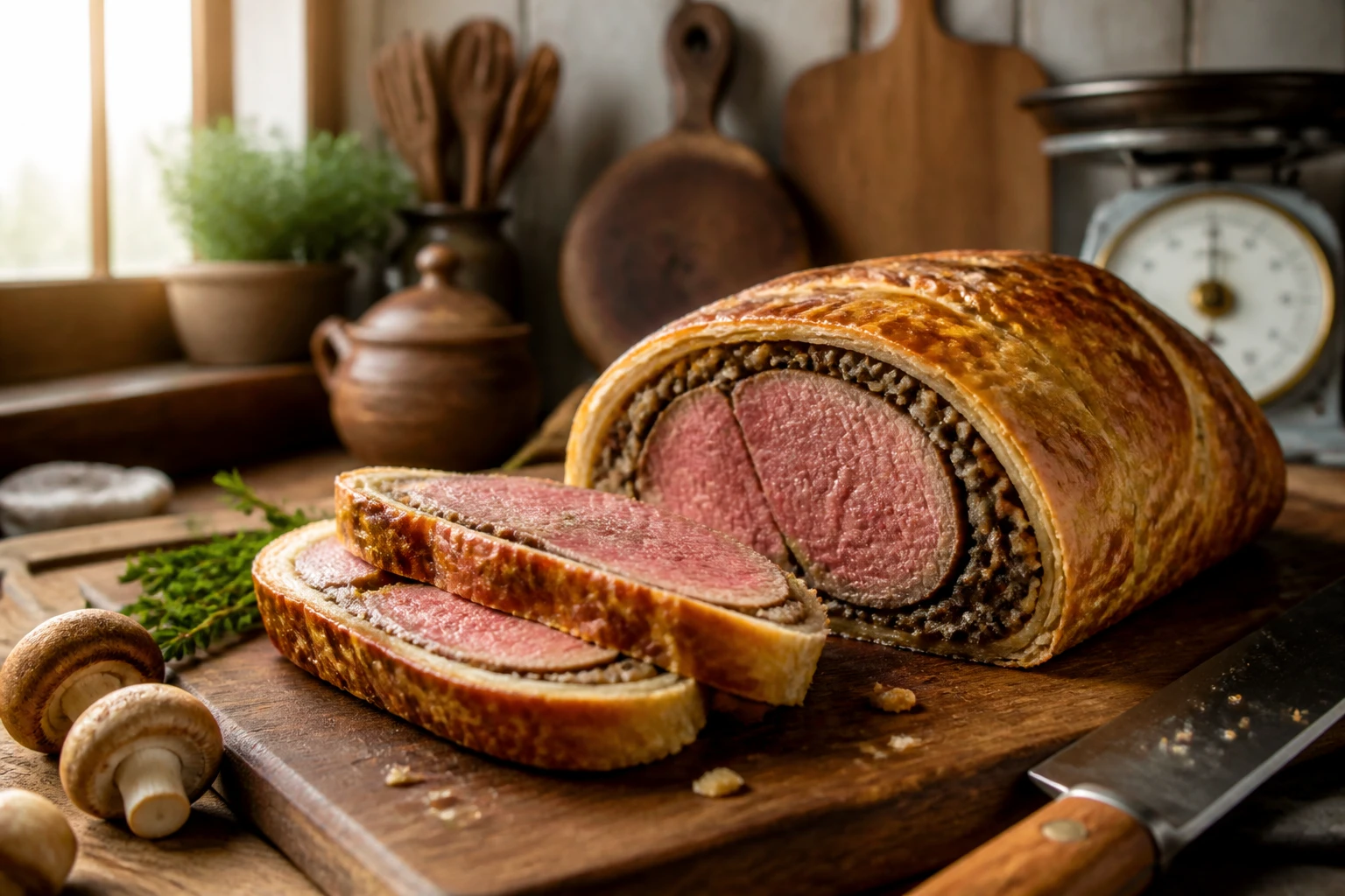 Filet mignon en croûte doré coupé en tranches, viande rosée et garniture de champignons visibles, sur planche en bois