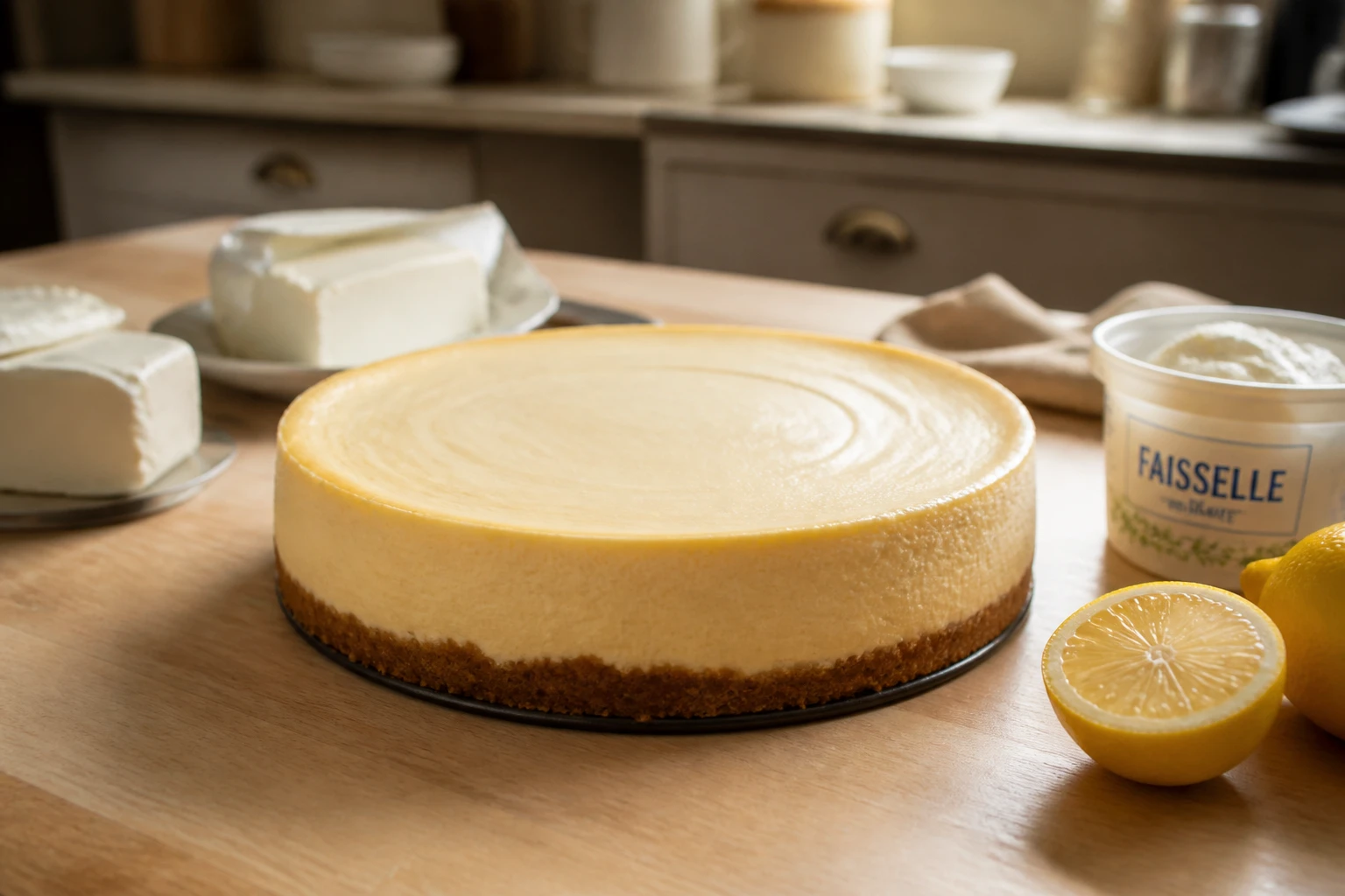 Cheesecake entier sur plan de travail en bois avec fromage frais et citron autour