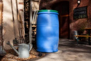 Fût plastique bleu de 200 litres récupéré gratuitement posé dans une cour, prêt à être nettoyé