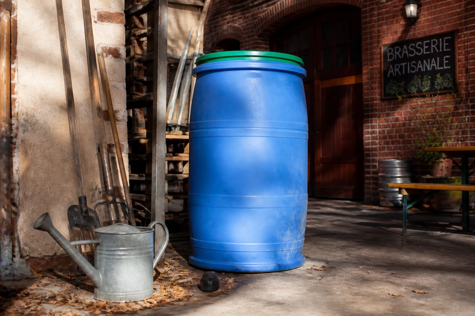 Fût plastique bleu de 200 litres récupéré gratuitement posé dans une cour, prêt à être nettoyé