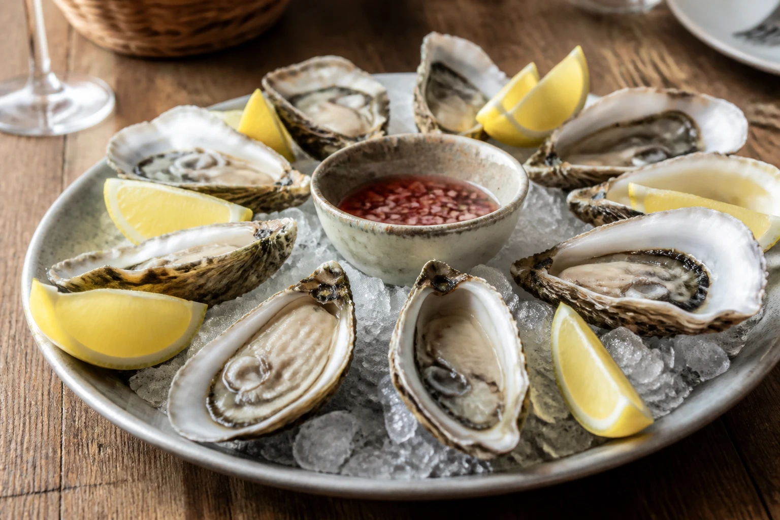 Plateau d'huîtres fraîches sur glace pilée avec citron et mignonnette