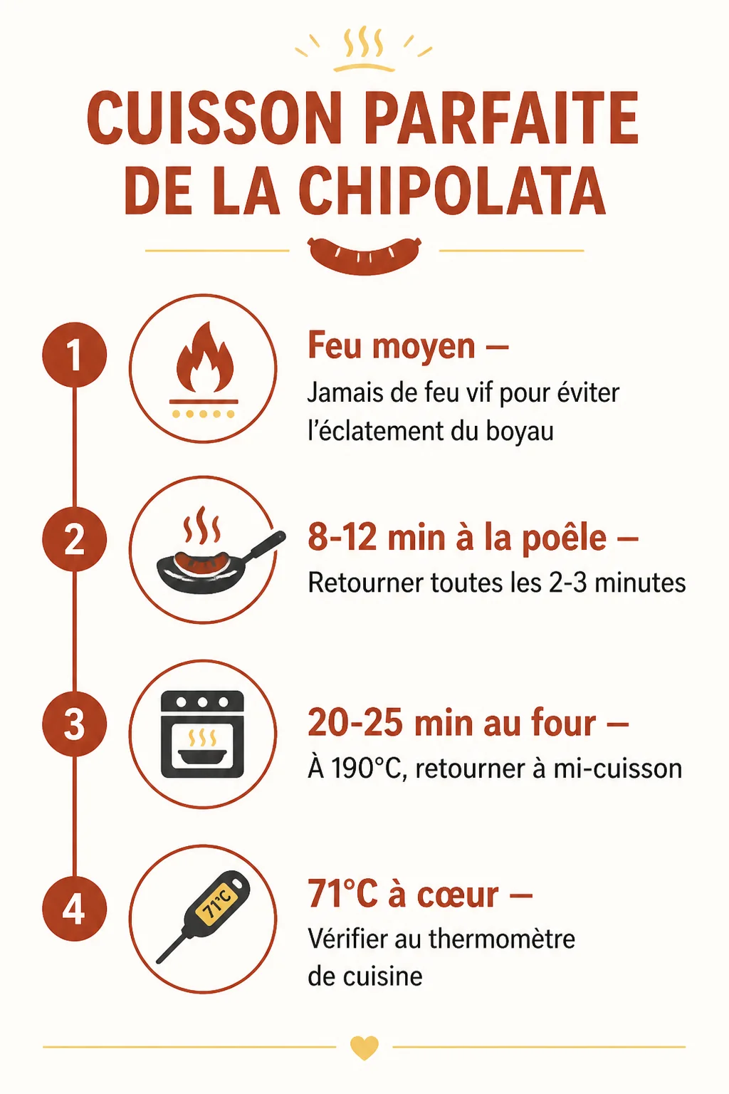 Cuisson parfaite de la chipolata : 1. Feu moyen, 2. 8-12 min à la poêle, 3. 20-25 min au four, 4. 71°C à cœur