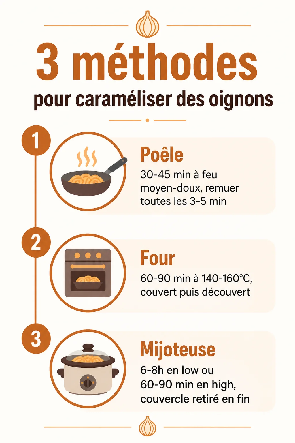 3 méthodes pour caraméliser des oignons : 1. Poêle, 2. Four, 3. Mijoteuse