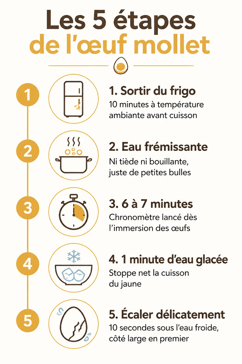 Les 5 étapes de l'œuf mollet : 1. Sortir du frigo, 2. Eau frémissante, 3. 6 à 7 minutes, 4. 1 minute d'eau glacée, 5. Écaler délicatement
