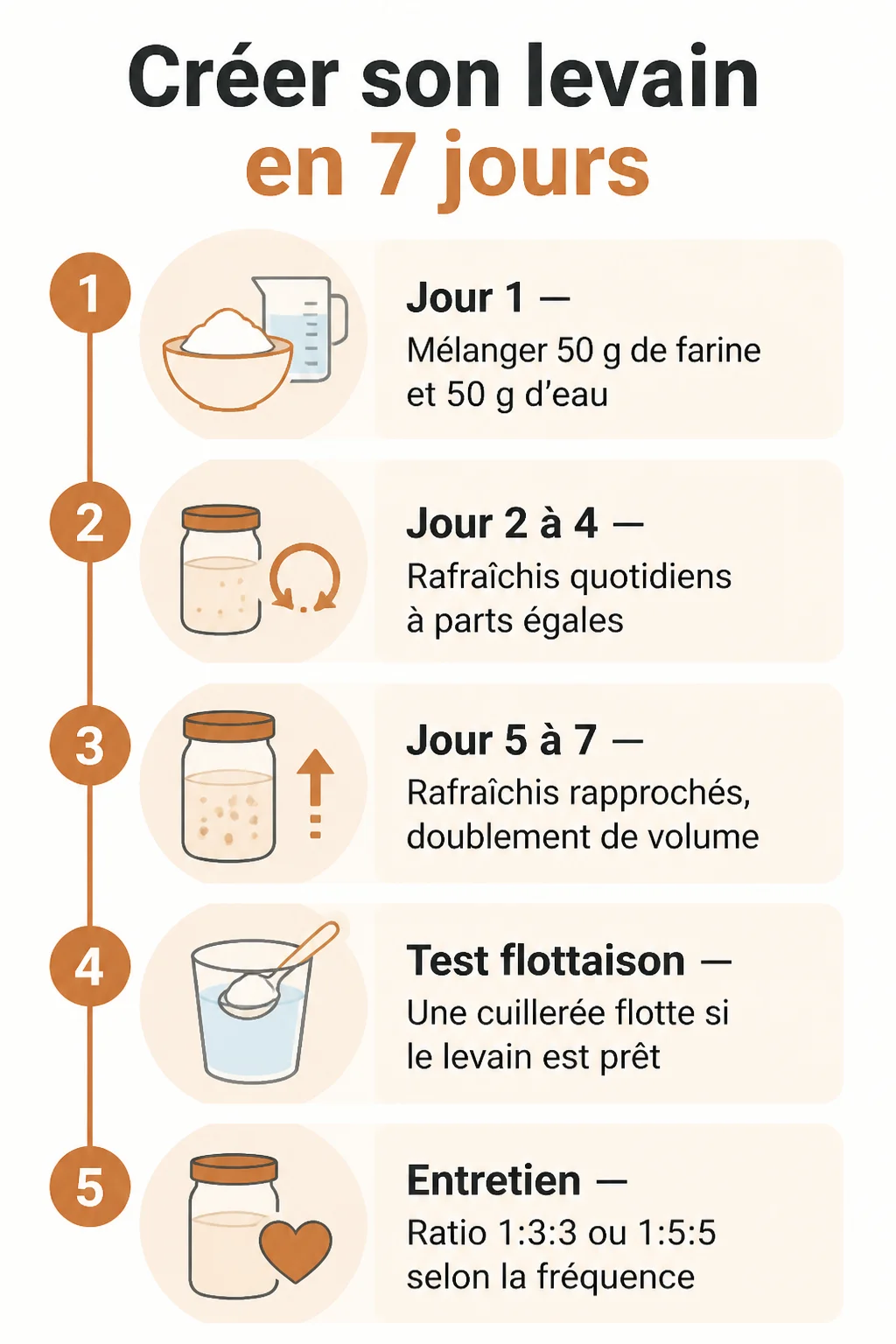 Créer son levain en 7 jours : 1. Jour 1, 2. Jour 2 à 4, 3. Jour 5 à 7, 4. Test flottaison, 5. Entretien