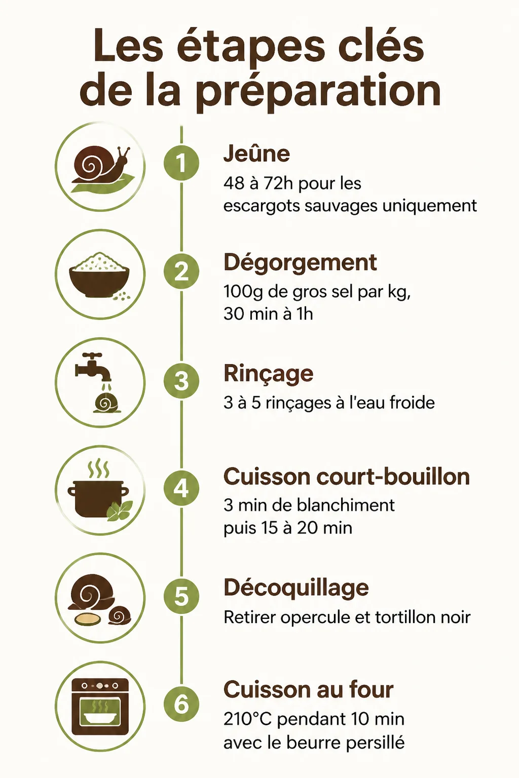 Les étapes clés de la préparation : 1. Jeûne, 2. Dégorgement, 3. Rinçage, 4. Cuisson court-bouillon, 5. Décoquillage, 6. Cuisson au four