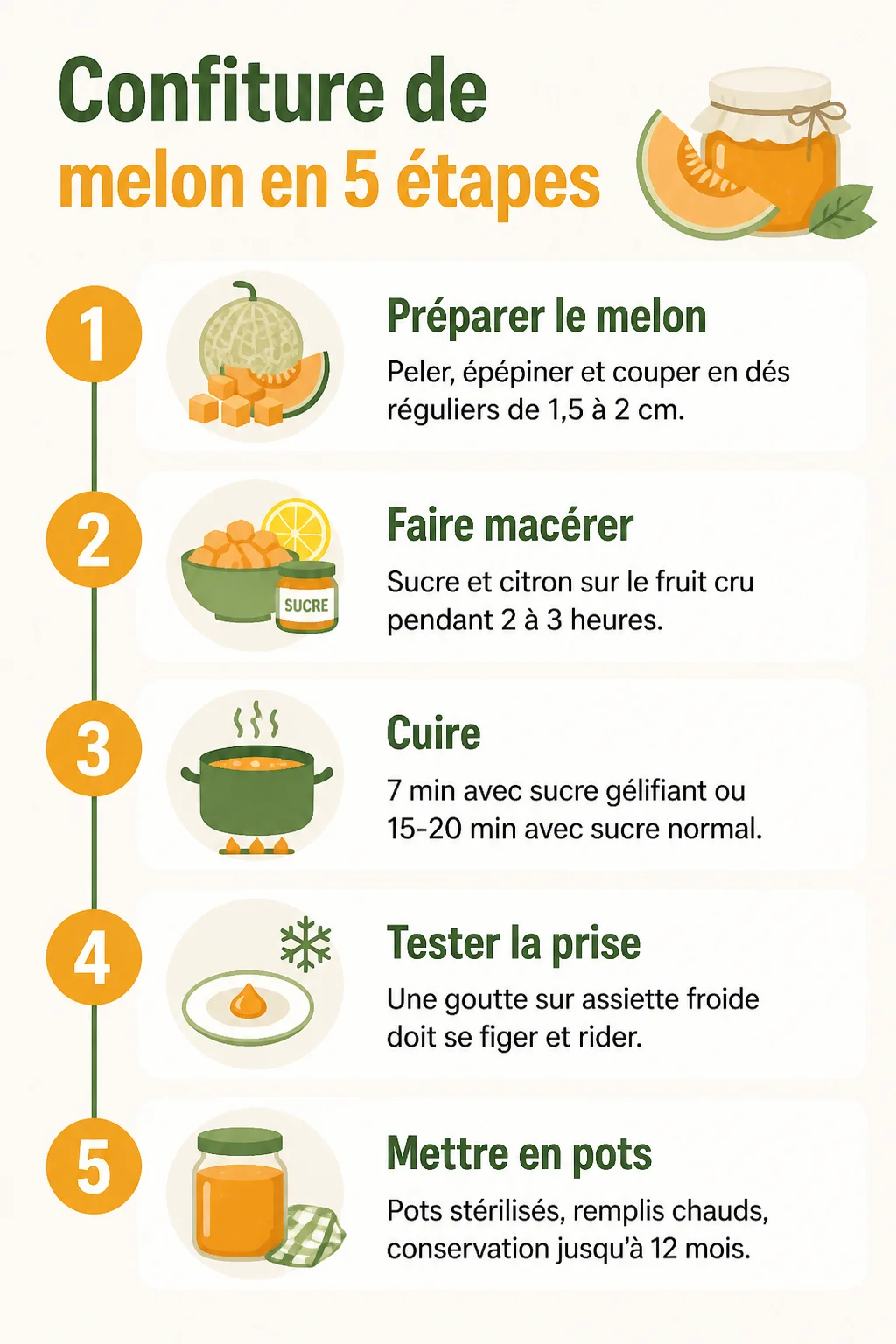 Confiture de melon en 5 étapes : 1. Préparer le melon, 2. Faire macérer, 3. Cuire, 4. Tester la prise, 5. Mettre en pots