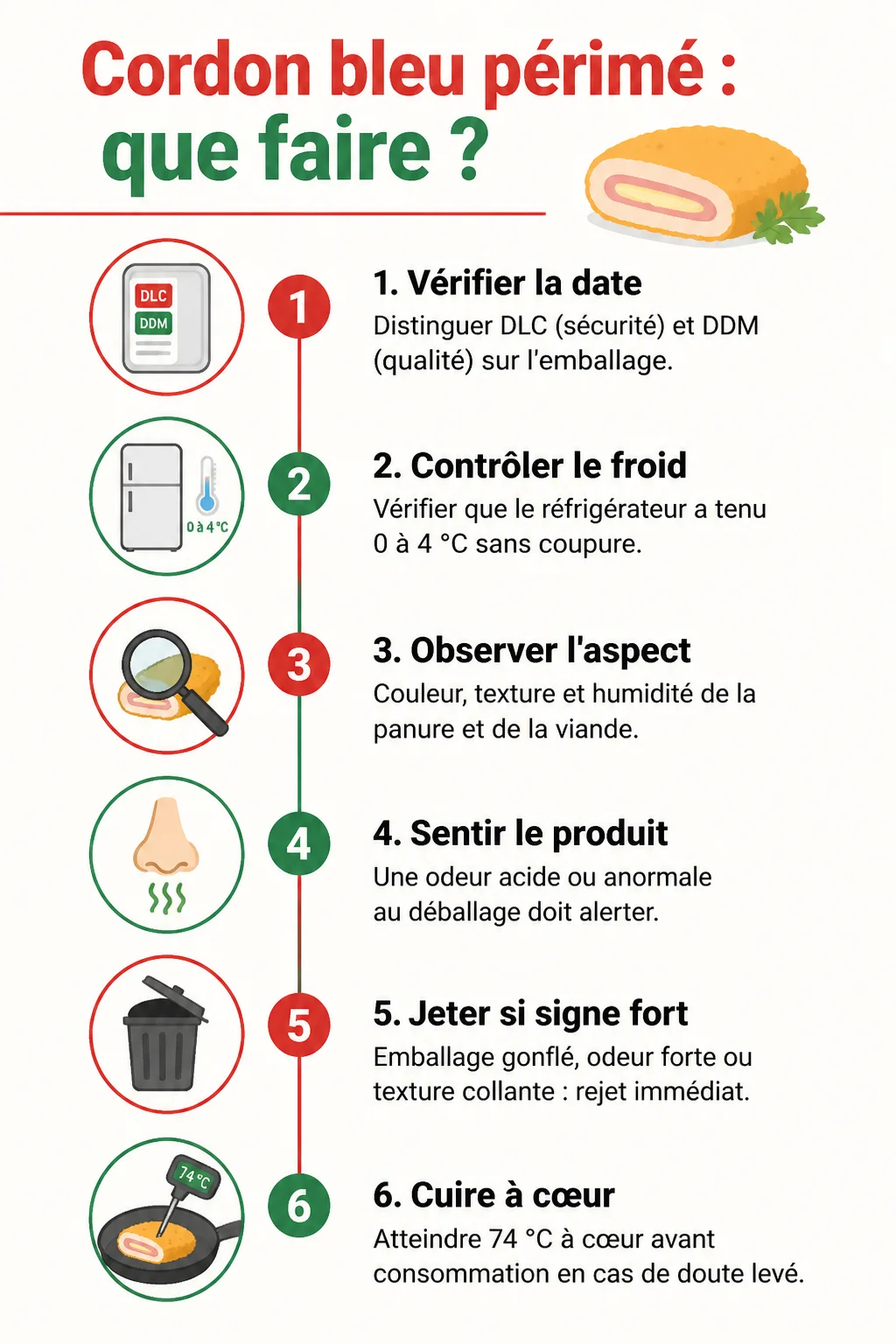 Cordon bleu périmé : que faire ? : 1. Vérifier la date, 2. Contrôler le froid, 3. Observer l'aspect, 4. Sentir le produit, 5. Jeter si signe fort, 6. Cuire à cœur
