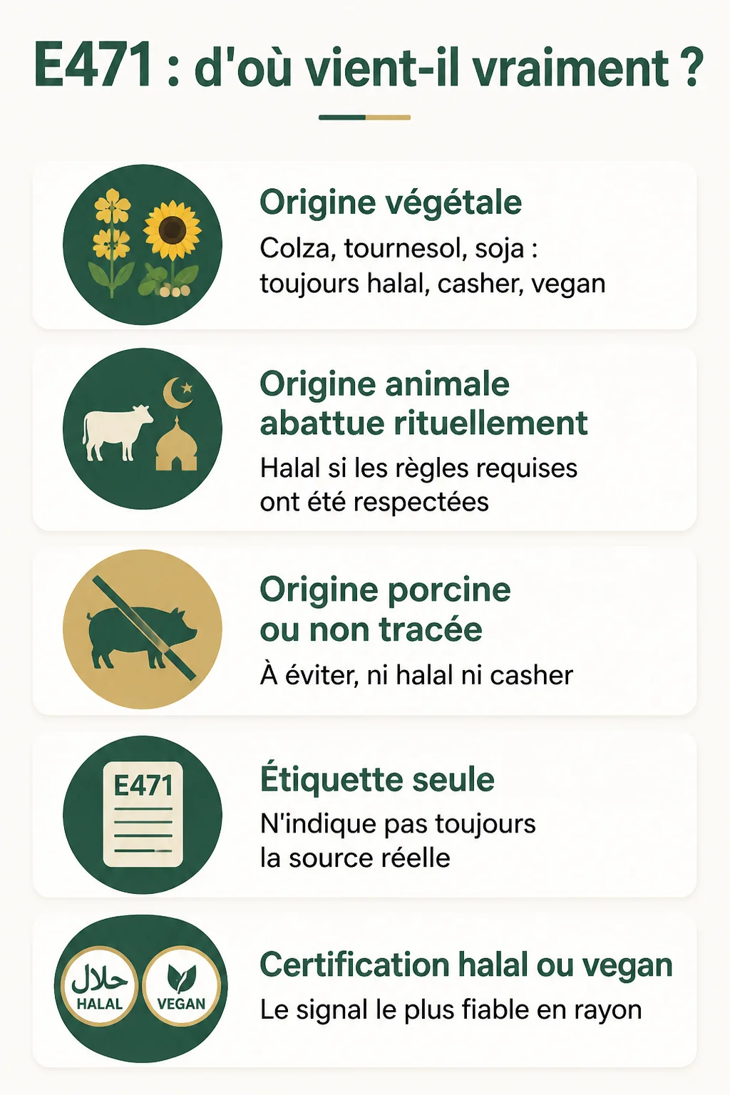 E471 : d'où vient-il vraiment ? : Origine végétale, Origine animale abattue rituellement, Origine porcine ou non tracée, Étiquette seule, Certification halal ou vegan