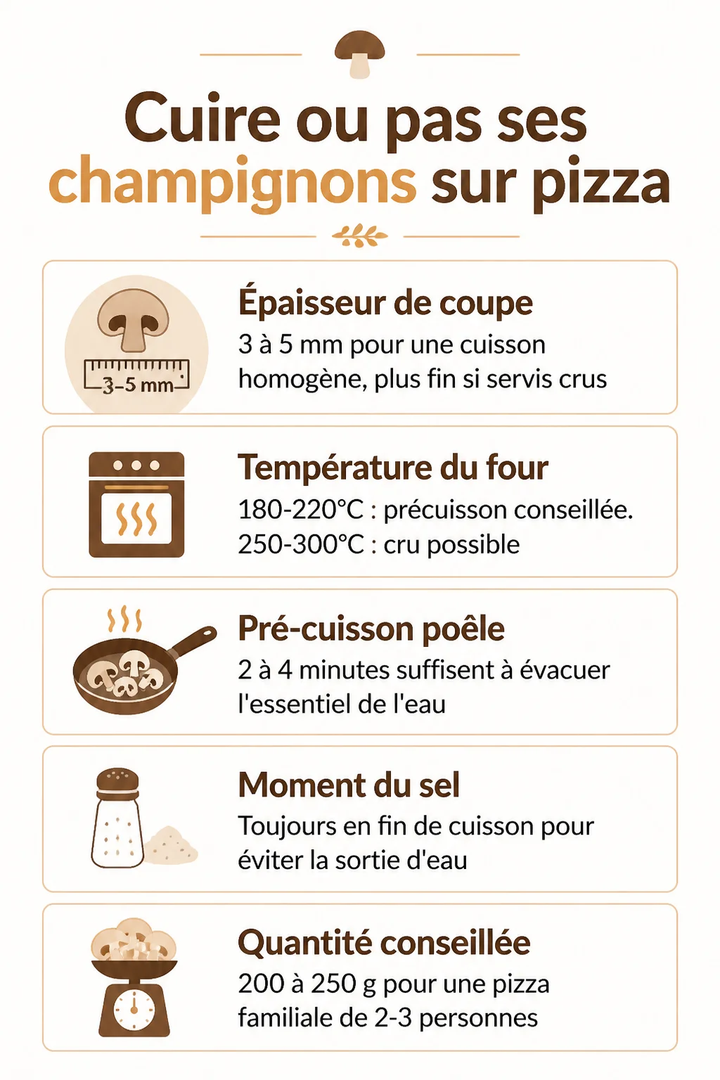 Cuire ou pas ses champignons sur pizza : Épaisseur de coupe, Température du four, Pré-cuisson poêle, Moment du sel, Quantité conseillée