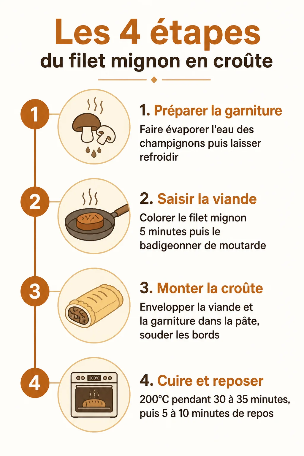 Les 4 étapes du filet mignon en croûte : 1. Préparer la garniture, 2. Saisir la viande, 3. Monter la croûte, 4. Cuire et reposer