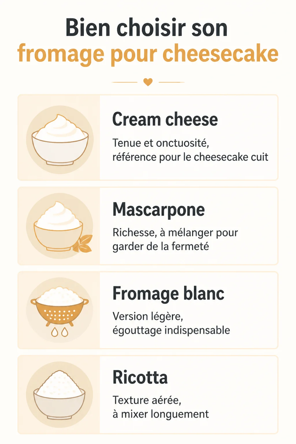 Bien choisir son fromage pour cheesecake : Cream cheese, Mascarpone, Fromage blanc, Ricotta
