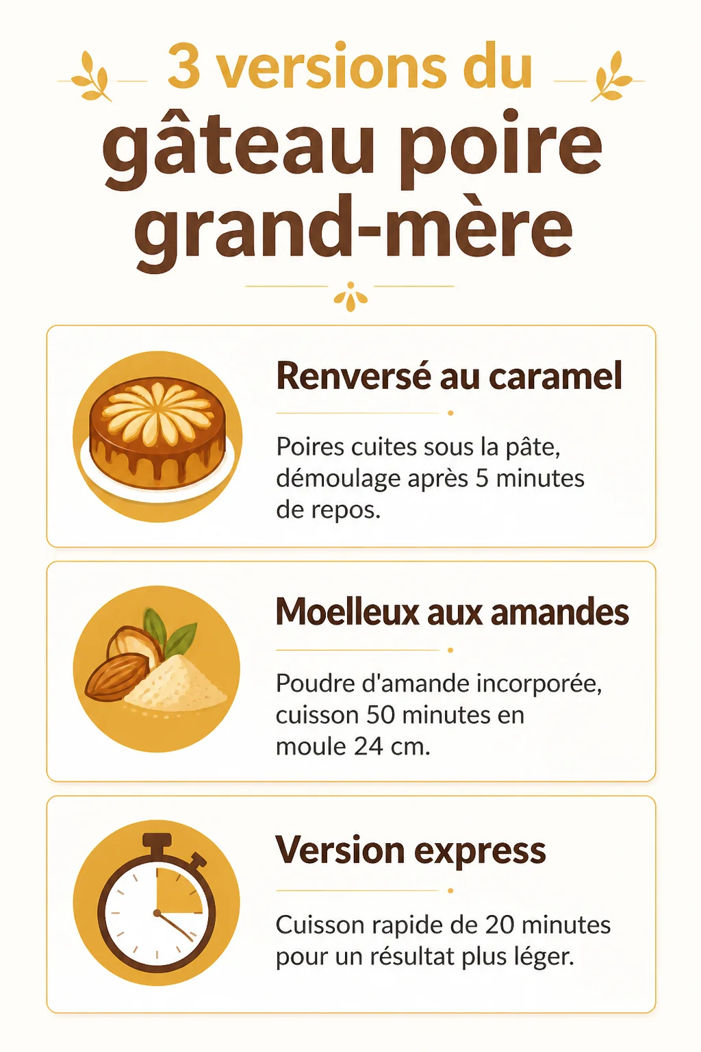 3 versions du gâteau poire grand-mère : Renversé au caramel, Moelleux aux amandes, Version express