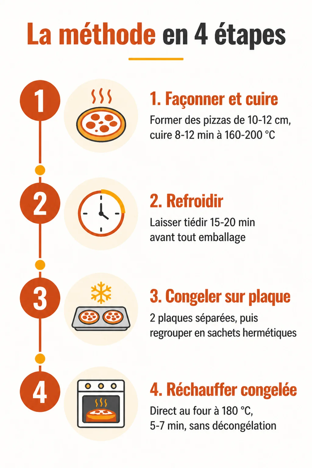 La méthode en 4 étapes : 1. Façonner et cuire, 2. Refroidir, 3. Congeler sur plaque, 4. Réchauffer congelée