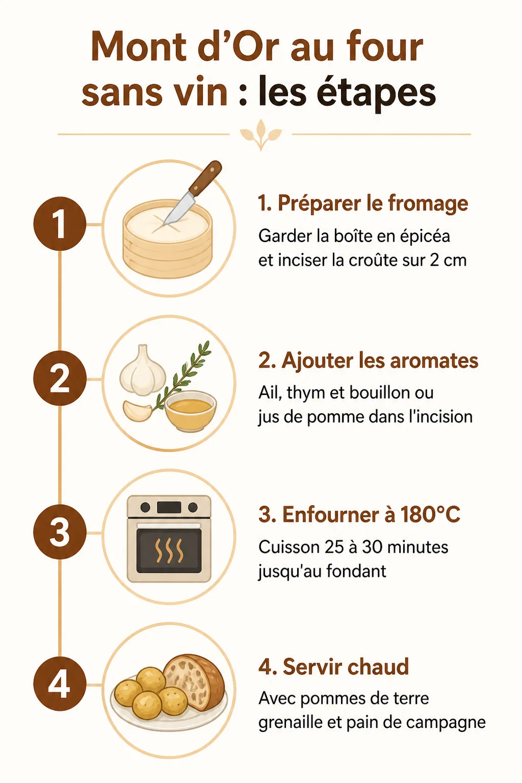 Mont d'Or au four sans vin : les étapes : 1. Préparer le fromage, 2. Ajouter les aromates, 3. Enfourner à 180°C, 4. Servir chaud