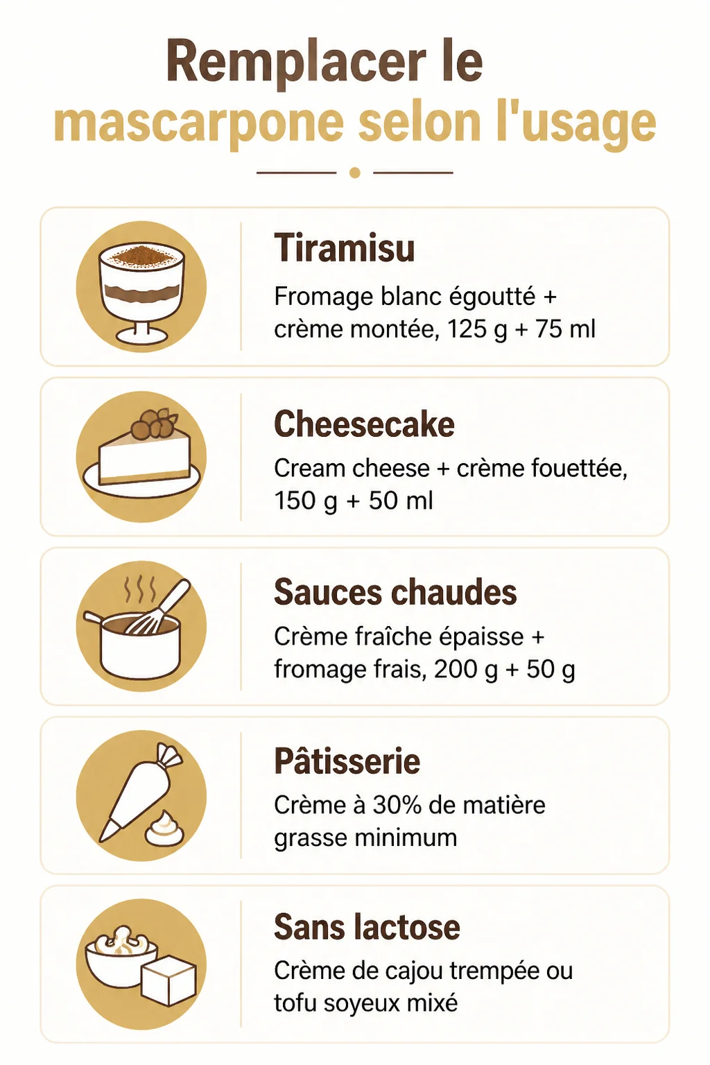 Remplacer le mascarpone selon l'usage : Tiramisu, Cheesecake, Sauces chaudes, Pâtisserie, Sans lactose