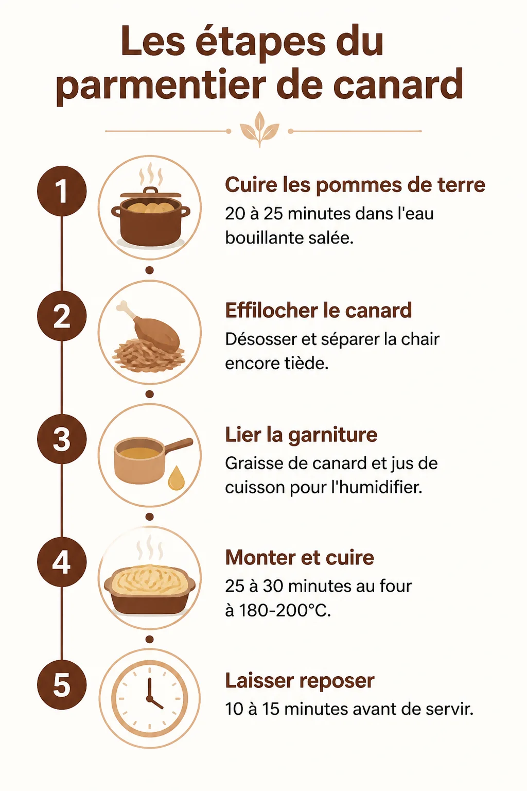 Les étapes du parmentier de canard : 1. Cuire les pommes de terre, 2. Effilocher le canard, 3. Lier la garniture, 4. Monter et cuire, 5. Laisser reposer