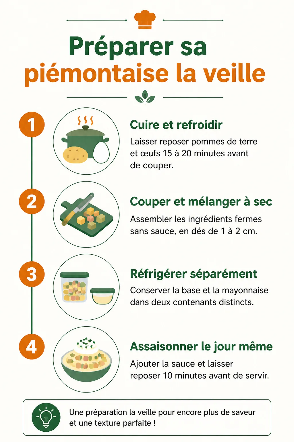 Préparer sa piémontaise la veille : 1. Cuire et refroidir, 2. Couper et mélanger à sec, 3. Réfrigérer séparément, 4. Assaisonner le jour même