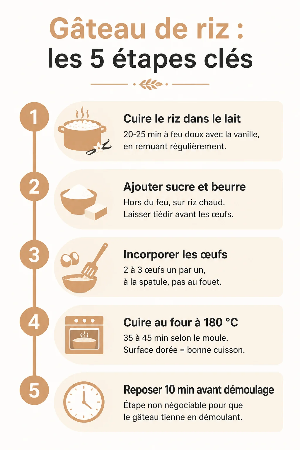 Gâteau de riz : les 5 étapes clés : 1. Cuire le riz dans le lait, 2. Ajouter sucre et beurre, 3. Incorporer les œufs, 4. Cuire au four à 180 °C, 5. Reposer 10 min avant démoulage