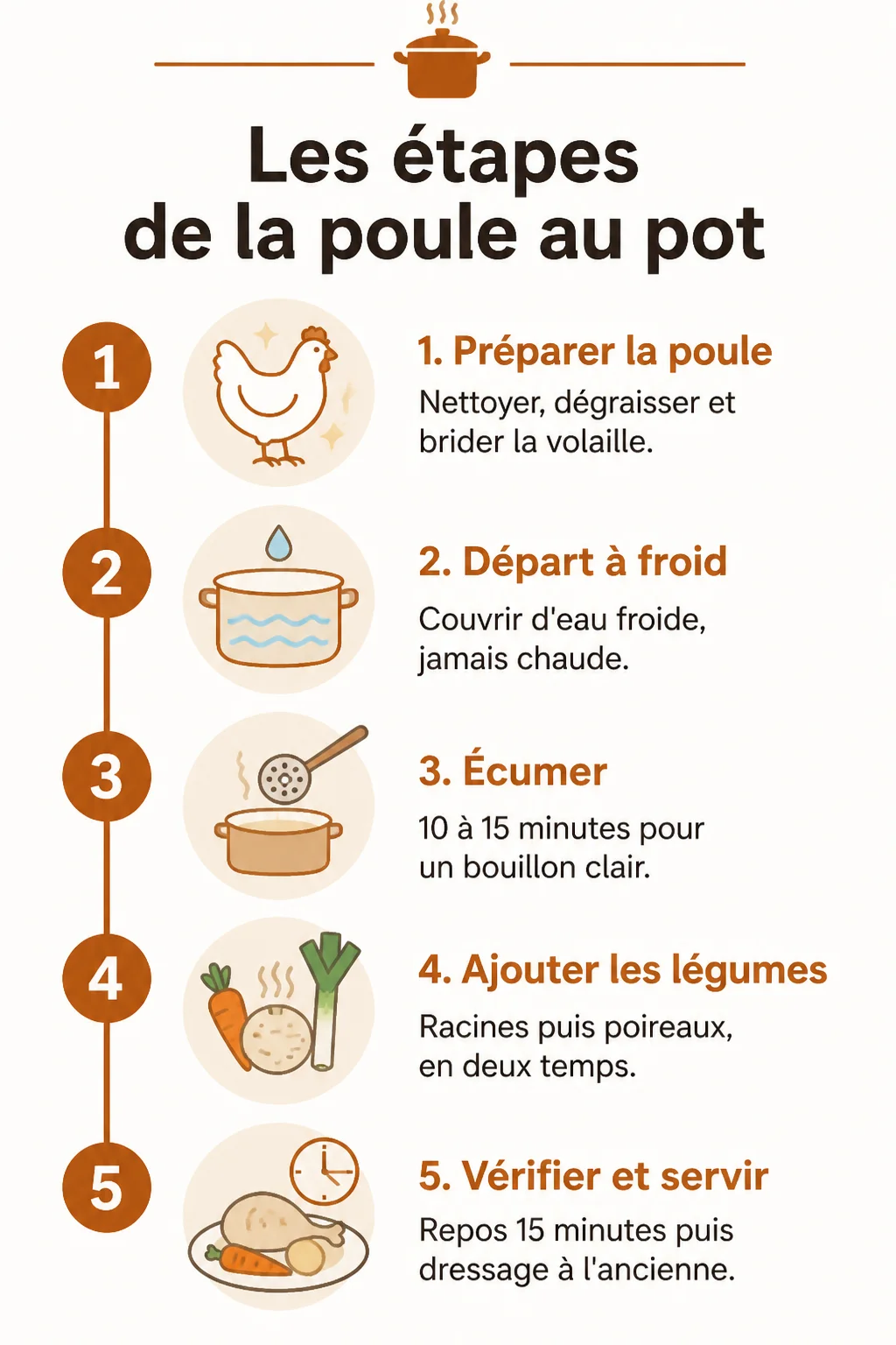 Les étapes de la poule au pot : 1. Préparer la poule, 2. Départ à froid, 3. Écumer, 4. Ajouter les légumes, 5. Vérifier et servir