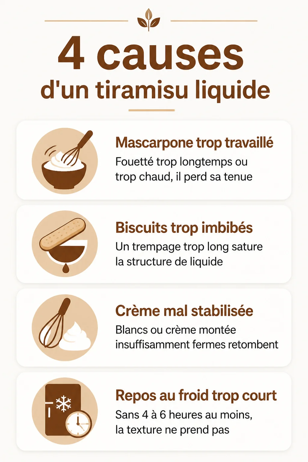 4 causes d'un tiramisu liquide : Mascarpone trop travaillé, Biscuits trop imbibés, Crème mal stabilisée, Repos au froid trop court