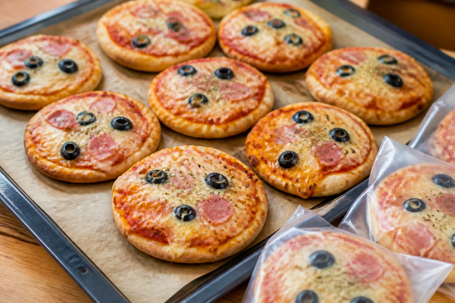 Mini pizzas apéro garnies posées sur une plaque avant congélation, prêtes à être emballées