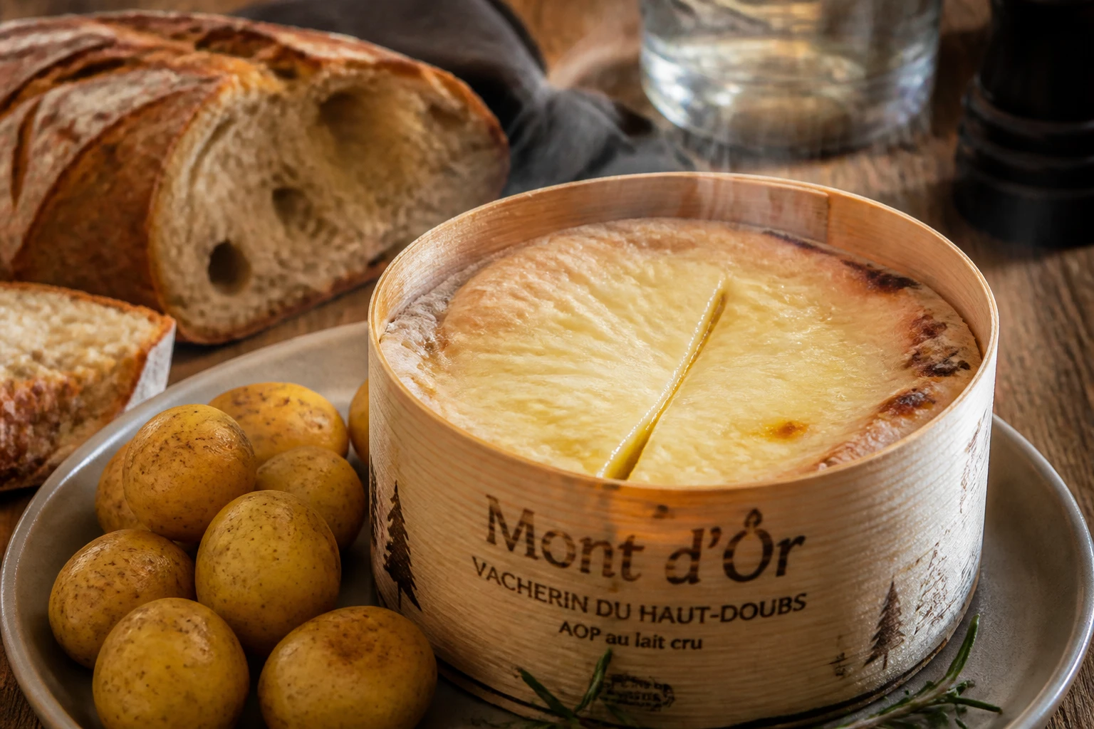 Mont d'Or fondu au four sans vin dans sa boîte en épicéa avec pommes de terre grenaille