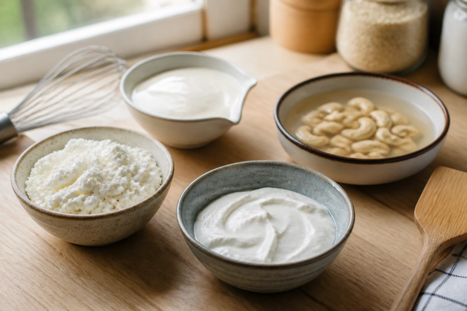 Bols de fromage frais, crème épaisse et fromage blanc, alternatives au mascarpone sur plan de travail bois