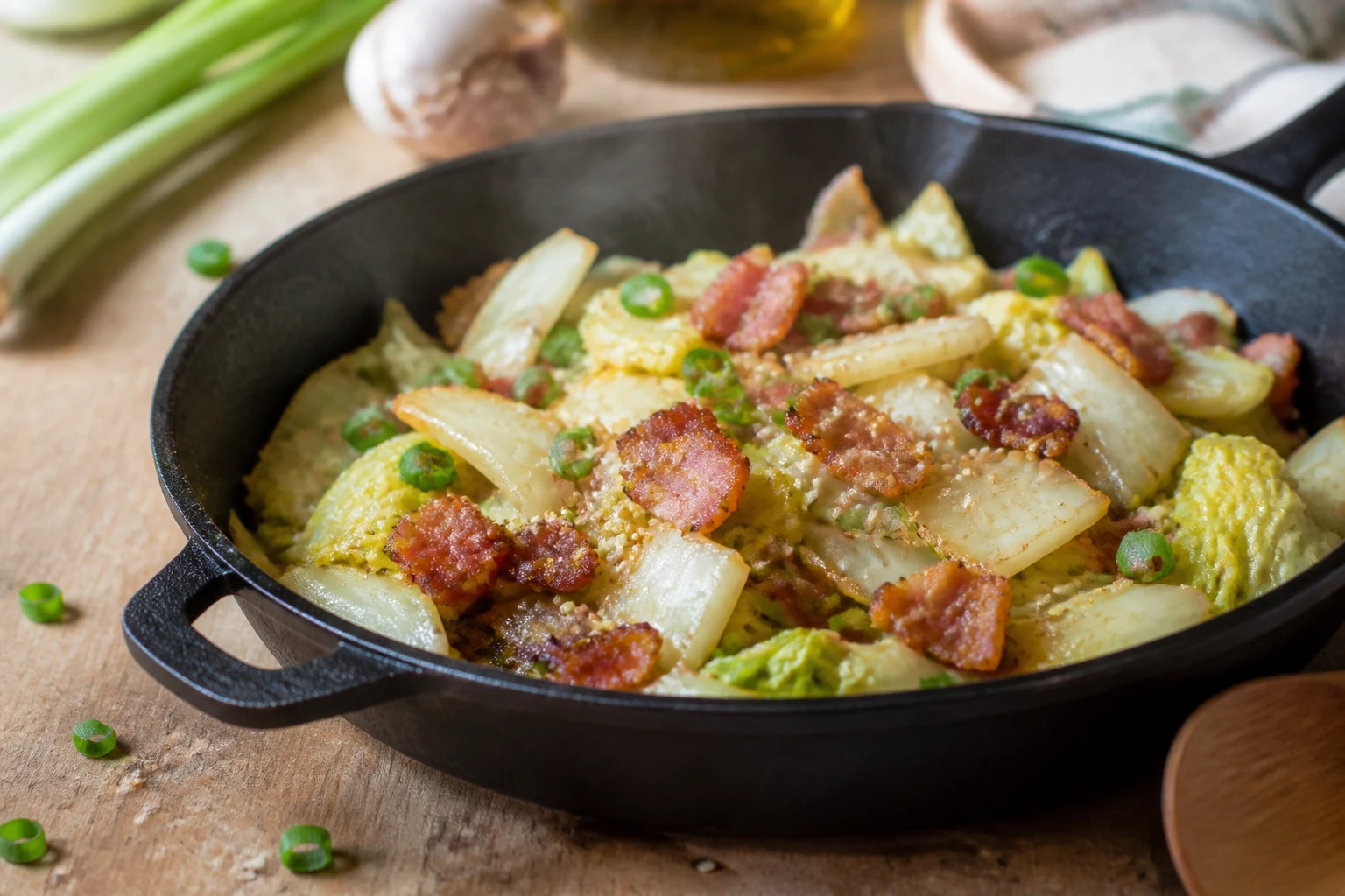 Poêle de chou chinois sauté aux lardons croustillants garni de graines de sésame et de ciboule