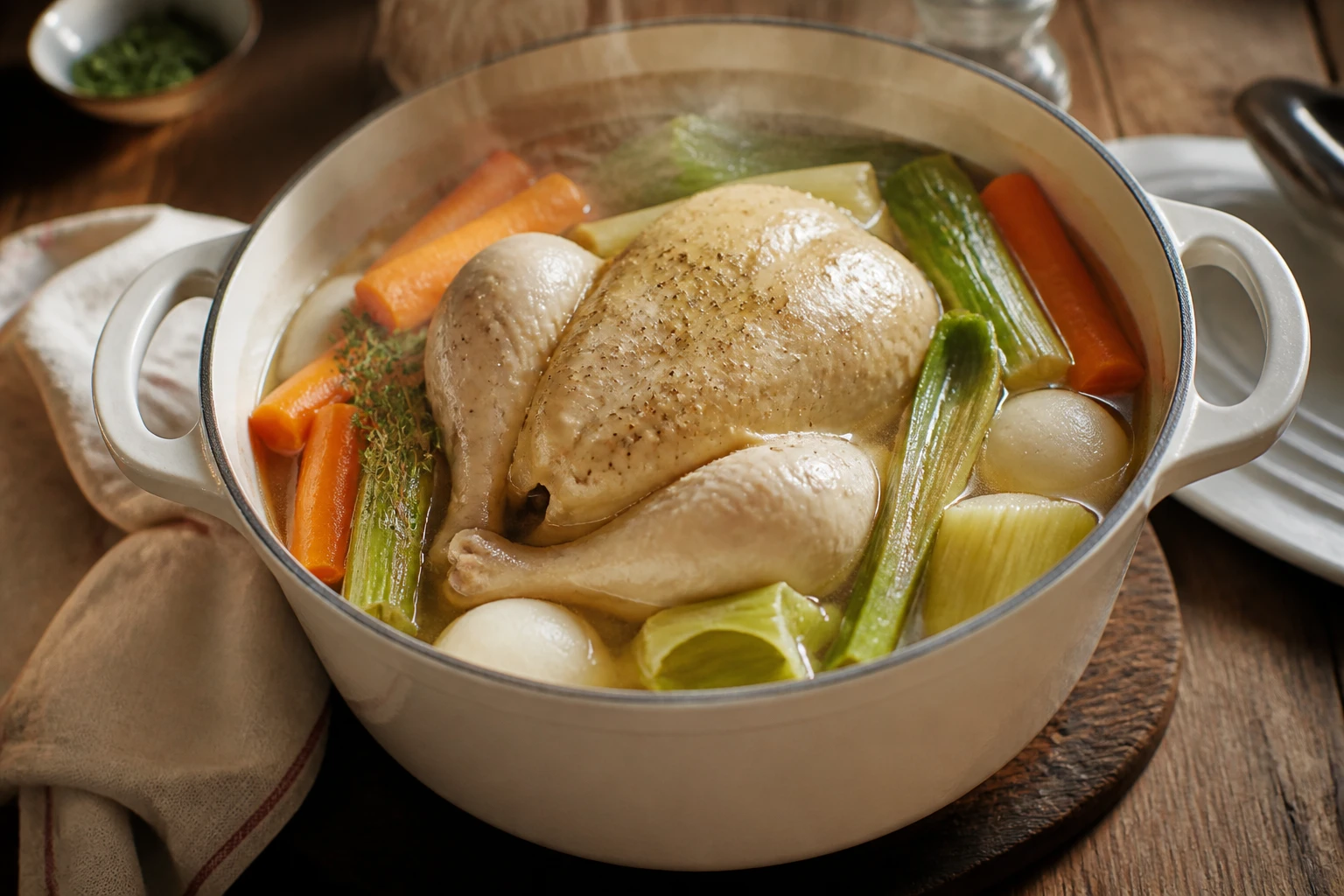 Poule au pot traditionnelle dans une cocotte en fonte avec bouillon clair, carottes et poireaux