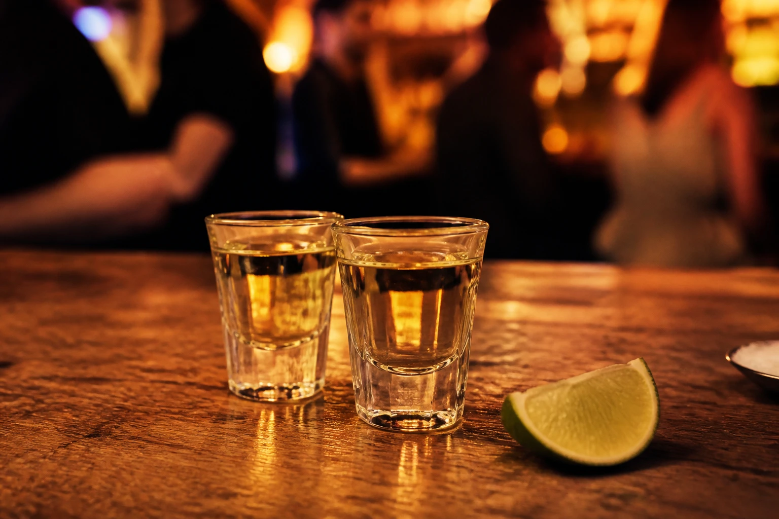 Deux verres à shot de tequila posés sur un comptoir de bar en bois dans une ambiance festive